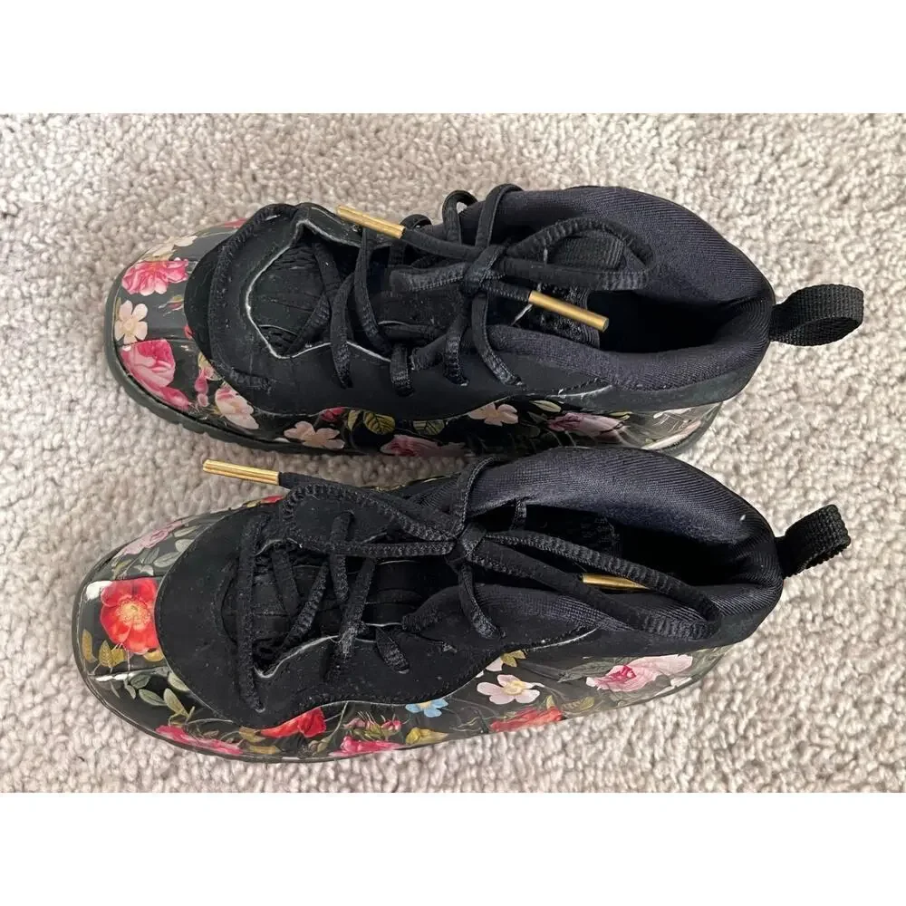 Nike Air Foamposite One Floral Lace-Up Sneakers Black/Black-Metallic Gold 10C